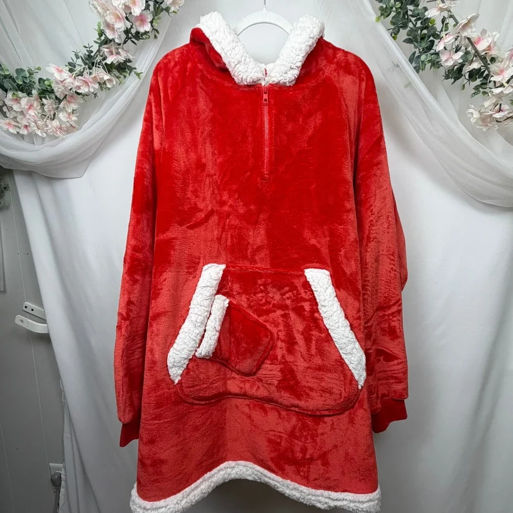 Red Sherpa Lined Oversized Wearable Blanket Hoodie Quarter Zip Fleece Pullover